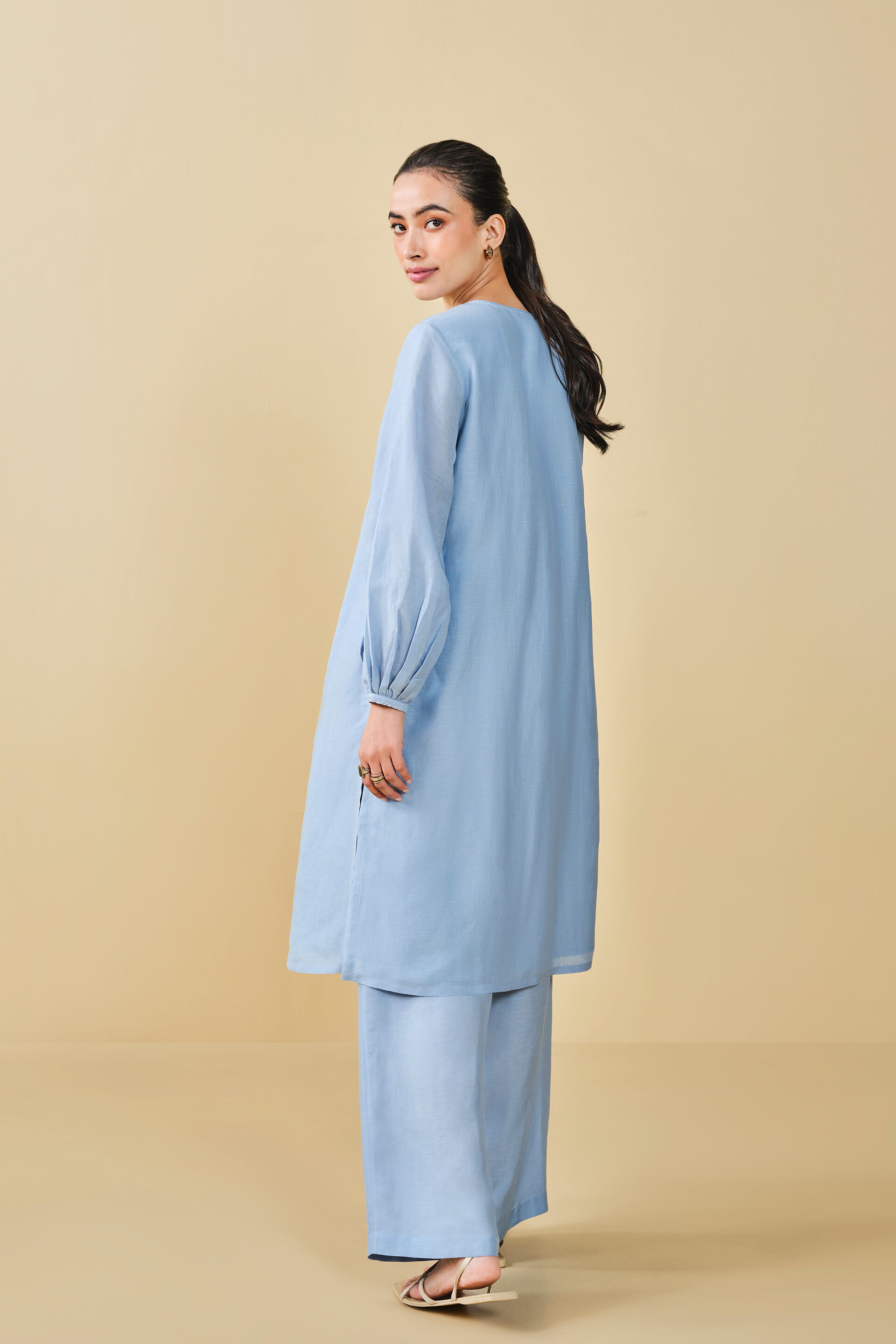Cloud Sky Hand-embroidered Chikankari Linen Co-ord - Blue, Blue, image 6